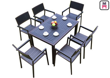 1 Oleh 4/6 Meja Restoran Luar Ruangan Set Kayu Plastik Bingkai Logam Patio Dining Furniture